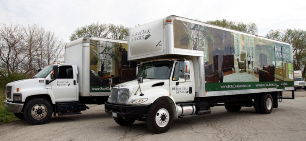 Two BurlOak Movers branded trucks parked side by side