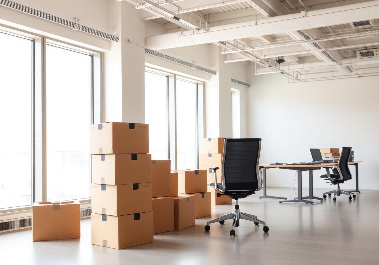 Office space mid-relocation with stacked moving boxes and office furniture