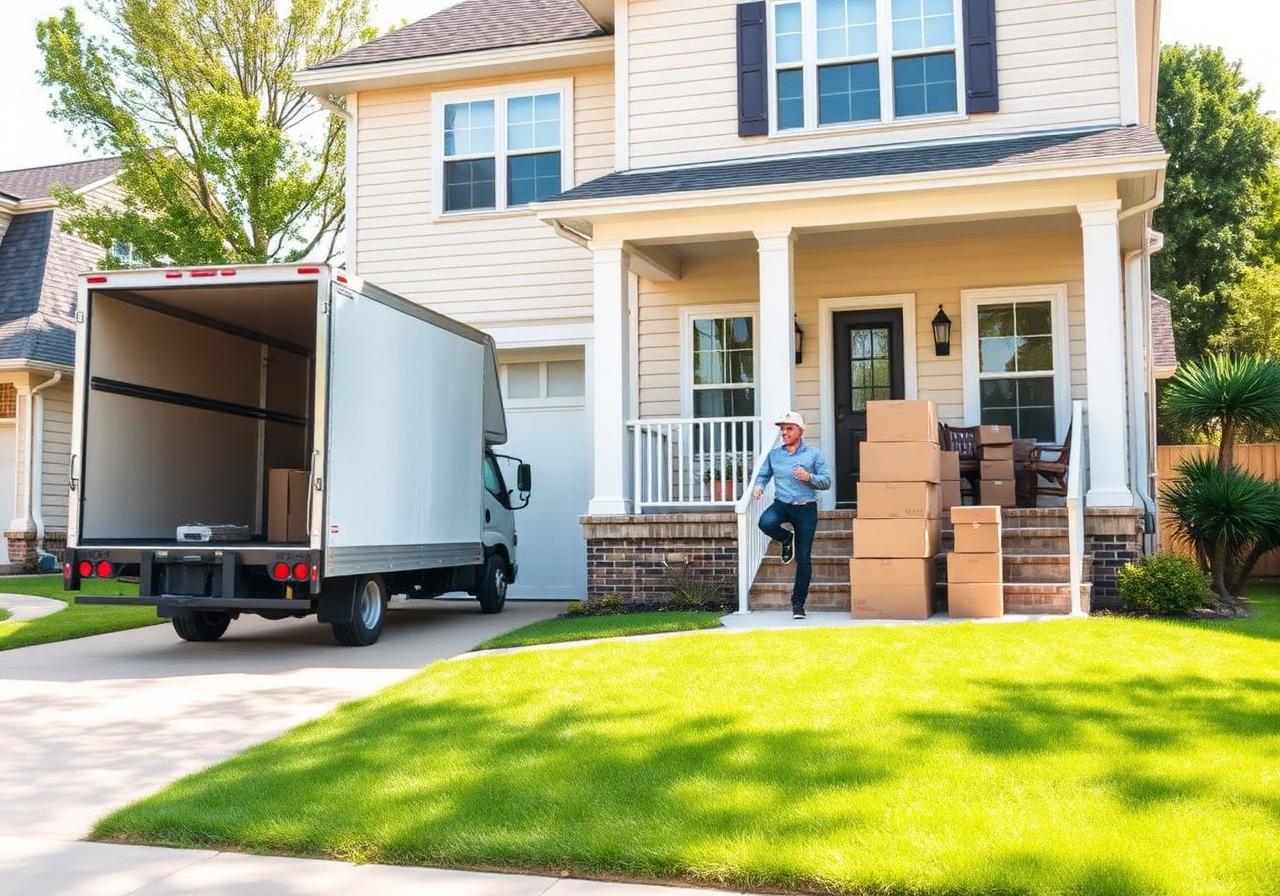 Residential moving truck and boxes outside a Burlington family home