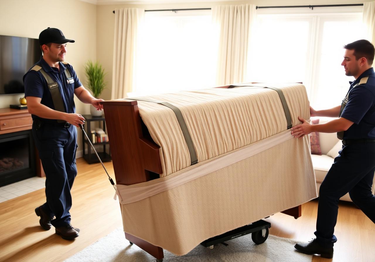 Two professional movers carefully relocating an upright piano wrapped in protective blankets